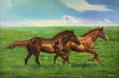 Mares in the Meadow - oil Painting