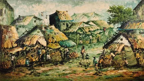 Balinese Village Life – Signed Oil Painting