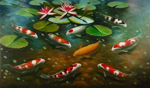 Nine Koi of Eternal Fortune II – Oil Painting (Signed)