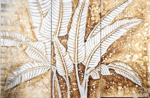 Triptych Silverly Banana Leaves Collagraph - A. Yang