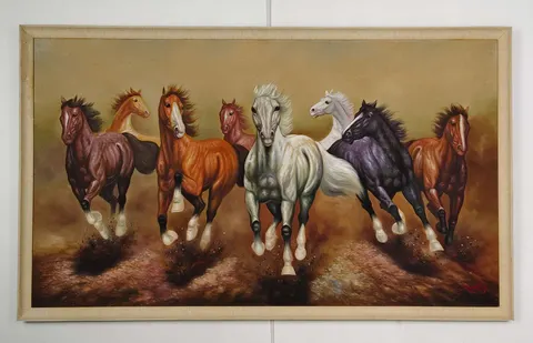 Seven Horses in Motion – Framed Oil Painting by Rianto