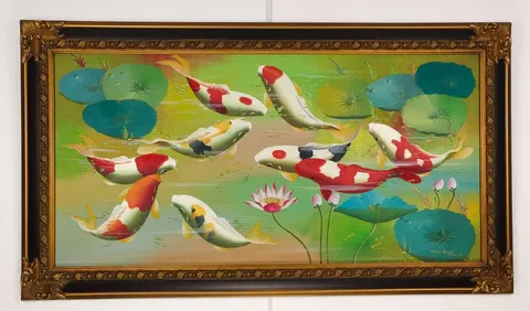 Nine Koi of Prosperity – Oil Painting by Tom Kenny (2003, Framed)