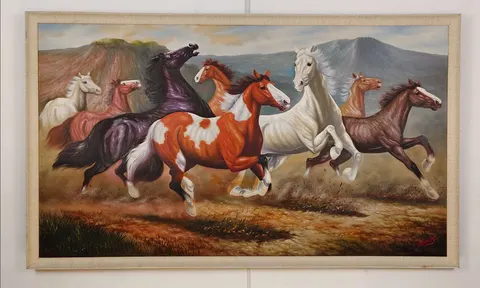 Framed Original Oil Painting "Galloping Horses" – Signed by Rianto