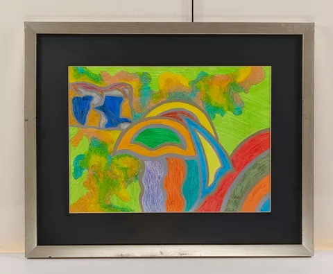 Vibrant Abstract Landscape with Bird Motif – Signed Modern Colour Drawing