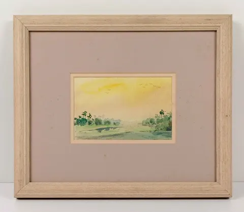 Framed Watercolor Landscape with Birds