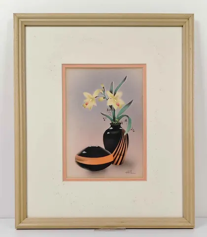 Framed Still Life with Black Vases and Yellow Flowers