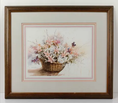 Framed Floral Basket Offset Print with Triple Matting