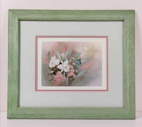 Framed Floral Bouquet with Blue Butterfly in Green Frame