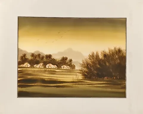 Original 1989 Watercolor Landscape (Mounted) - Rural Serenity at Dusk I