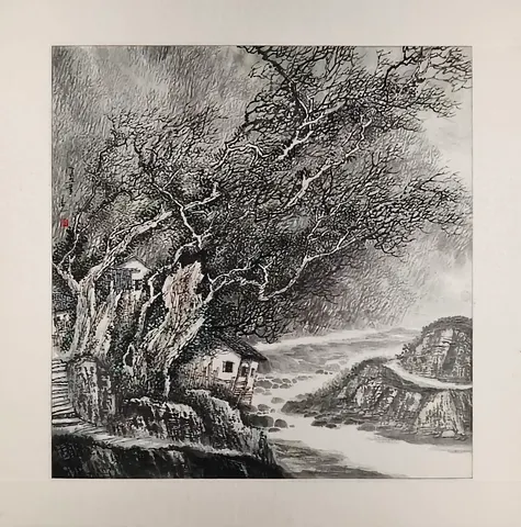Ancient River Guardians – Chinese Watercolor Landscape (Mounted)