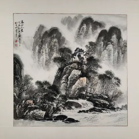 Secluded Mountain Retreat – Chinese Watercolor Landscape (Mounted)