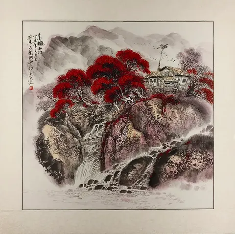 Crimson Falls Sanctuary I – Chinese Watercolor Landscape (Mounted)