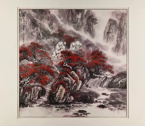 Crimson Falls Sanctuary II – Chinese Watercolor Landscape (Mounted)