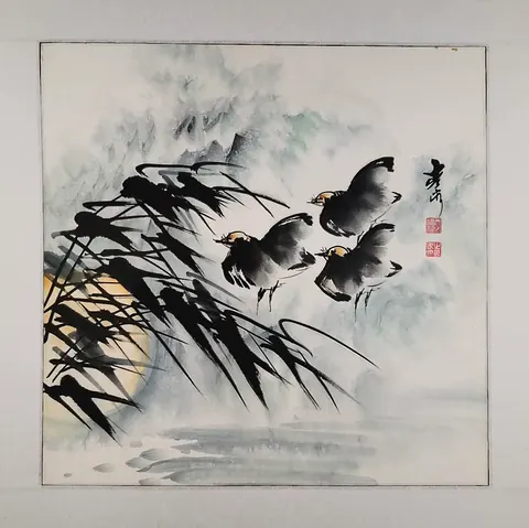 Misty Flight at Dawn – Chinese Watercolor Landscape (Mounted)