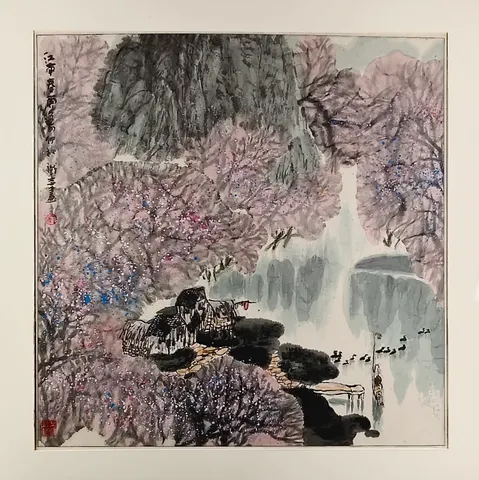 Spring Blossoms by the Falls – Chinese Watercolor Landscape (Mounted)