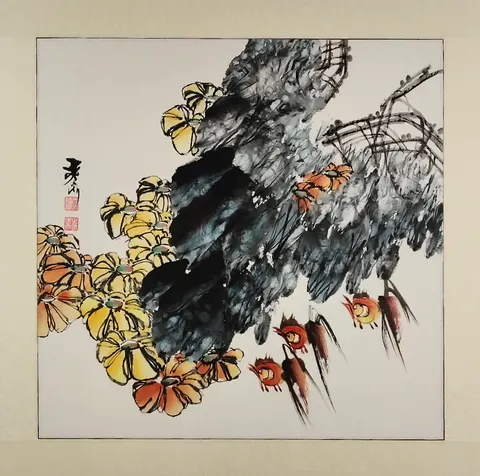 Golden Blossoms & Koi Harmony – Chinese Watercolor Landscape (Mounted)