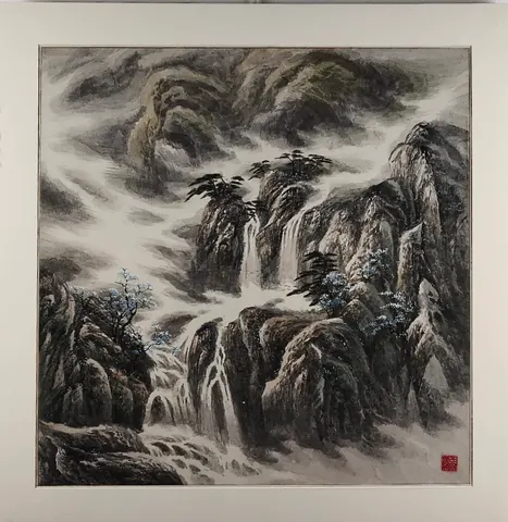 Misty Cascades  – Chinese Watercolor Landscape (Mounted)