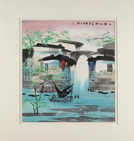 Riverside Arch Bridge I – Chinese Watercolor Landscape (Mounted)