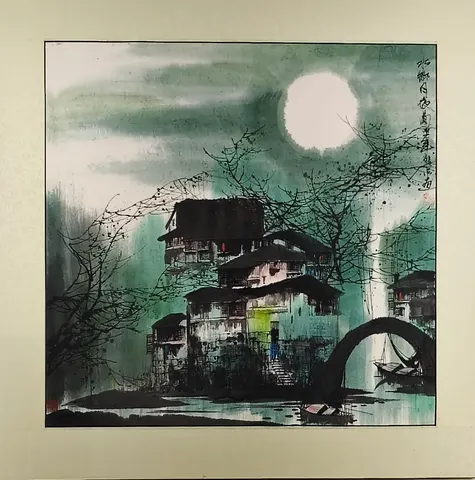Riverside Arch Bridge II – Chinese Watercolor Landscape (Mounted)
