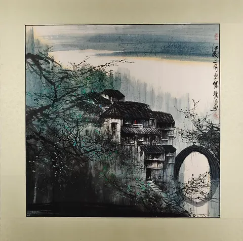 Riverside Arch Bridge III – Chinese Watercolor Landscape (Mounted)