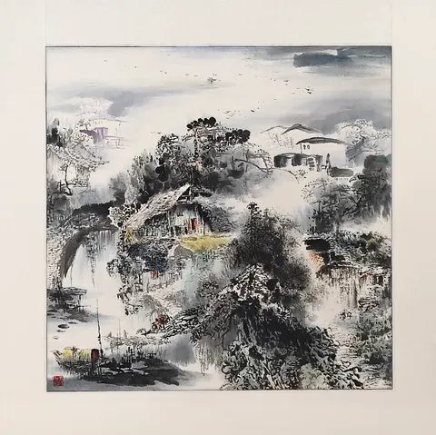 Tranquil Riverside Retreat I – Chinese Watercolor Landscape (Mounted)