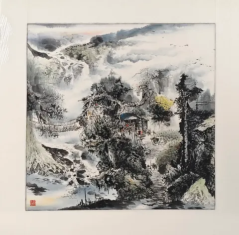 Tranquil Riverside Retreat II – Chinese Watercolor Landscape (Mounted)