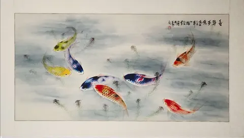 Eight Koi in Harmony – Chinese Ink & Watercolor ((Mounted on wood support))