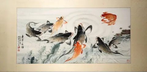 "Nine Japanese Carps - Chinese Ink & Watercolor ((Mounted on wood support,As-Is) "