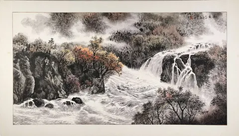 Chinese Ink & WatercolorPainting - Whispers of Autumn Cascade