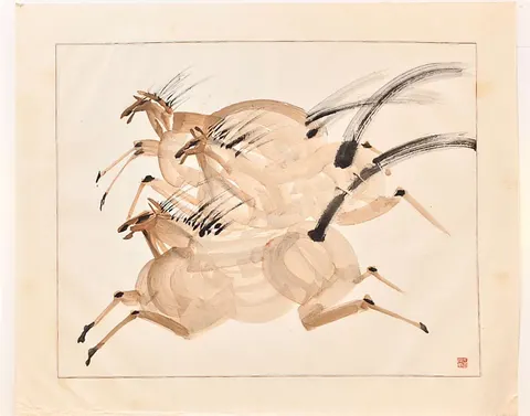 Antelopes in Motion – Chinese Ink & Watercolor (Mounted, Defected)