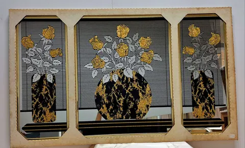 Luxurious Gold Roses in Black Vases with a trio of Etched Mirror M-1-06