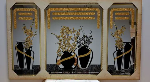 Orchids with black vase ensemble with a trio of Etched Mirror M-1-07
