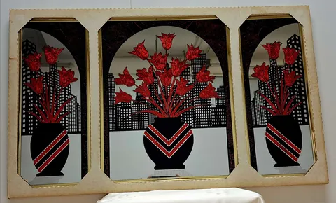 Roses with black vase,red floral and cityscape motifs  with a trio of Etched Mirror M-1-08