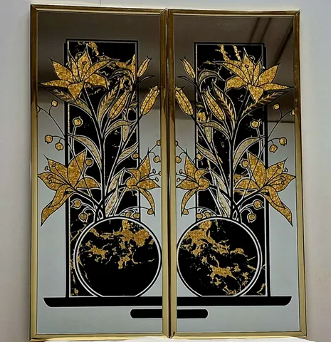 Pair of Gold Floral Mirror Panels with Globe Motif M-1-10